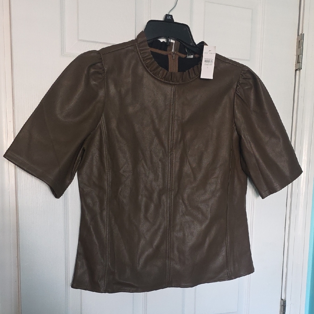 Ann Taylor Brown Faux Leather Short-Sleeve Ruffle-Neck Jacket